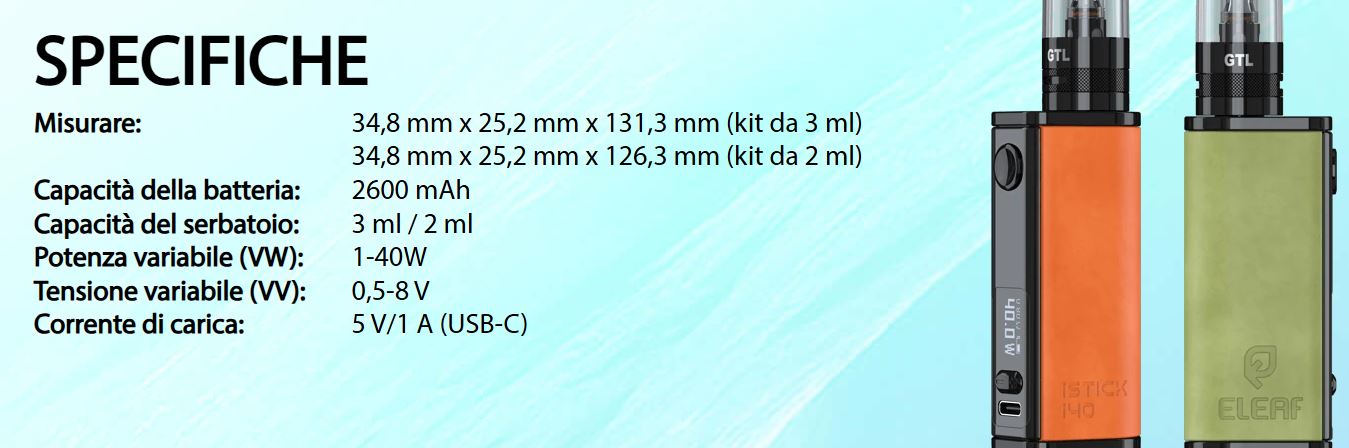 iStick i40 con GTL D20 Eleaf Specifiche