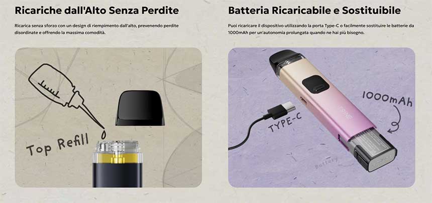 Innokin Trine Pod Mod refill liquido e batteria ricaricabile sostituibile