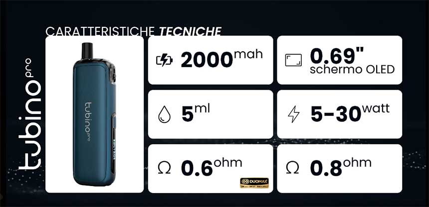 Tubino PRO Pod Kit 2000mAh 30W caratteristiche specifiche