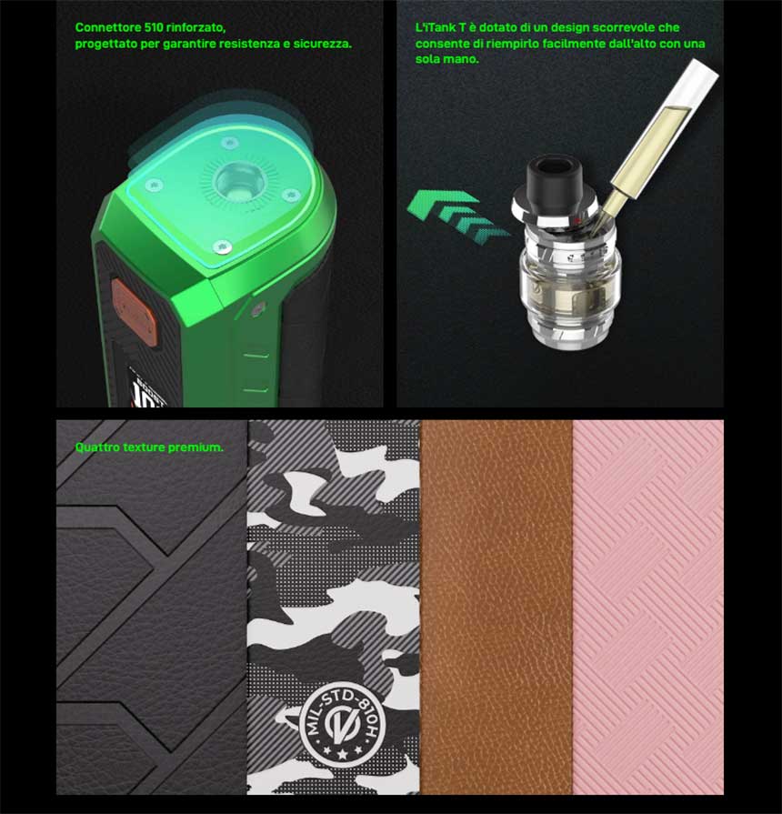 Armour Ultra Vaporesso 5500mAh 100W Kit attacco 510, refill, texture esterna