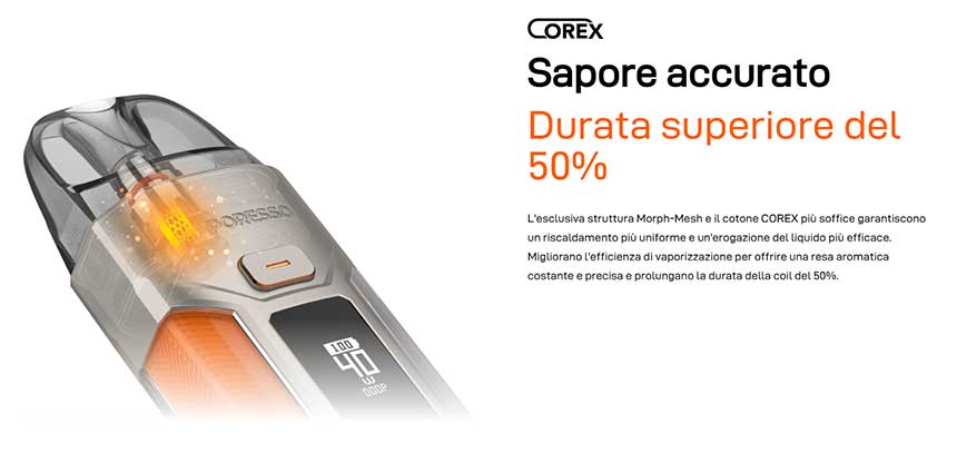 Luxe X Pro Vaporesso Pod Kit tencologia mesh coil e cotone COREX per uno svapo più accurato