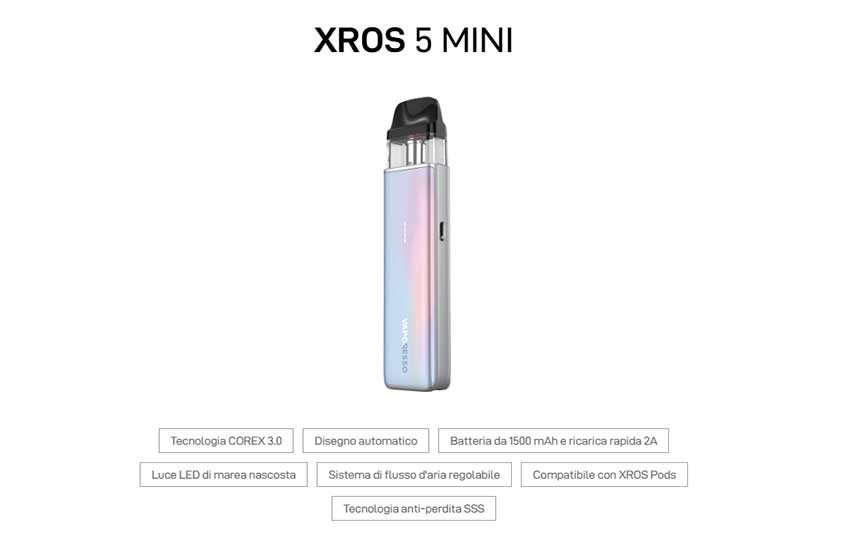 Xros 5 Mini Vaporesso Pod Mod Kit 1500mAh caratteristiche generali