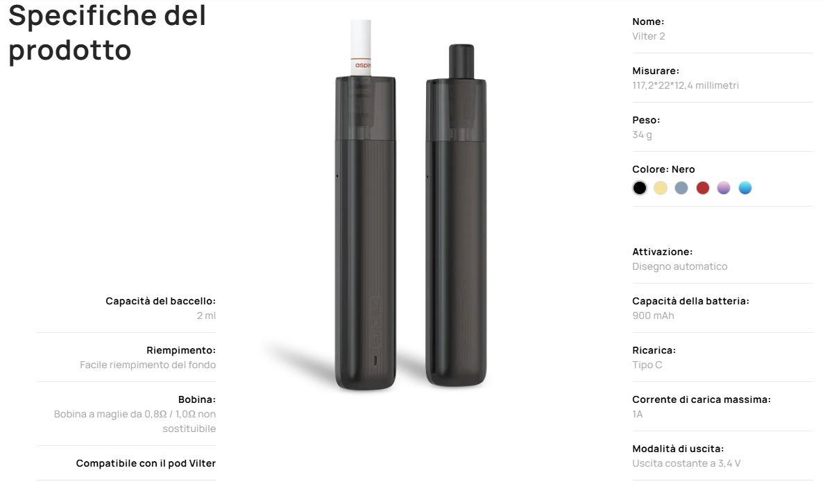 Vilter 2 Aspire Pod Mod Specifiche Tecniche