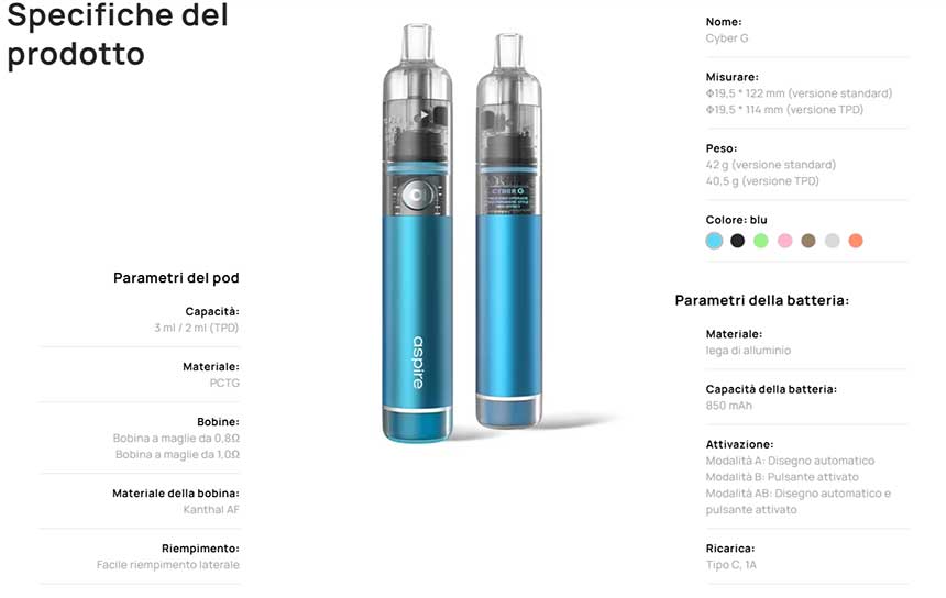 Aspire Cyber G Pod Mod Kit specifiche tecniche