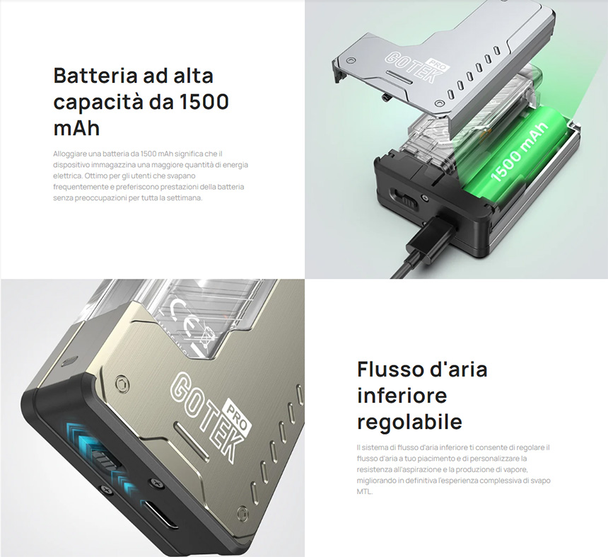 Aspire Gotek Pro Caratteristiche batteria e sistema airflow