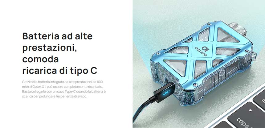Aspire Gotek X 2 Pod Mod ricarica batteria USB-C