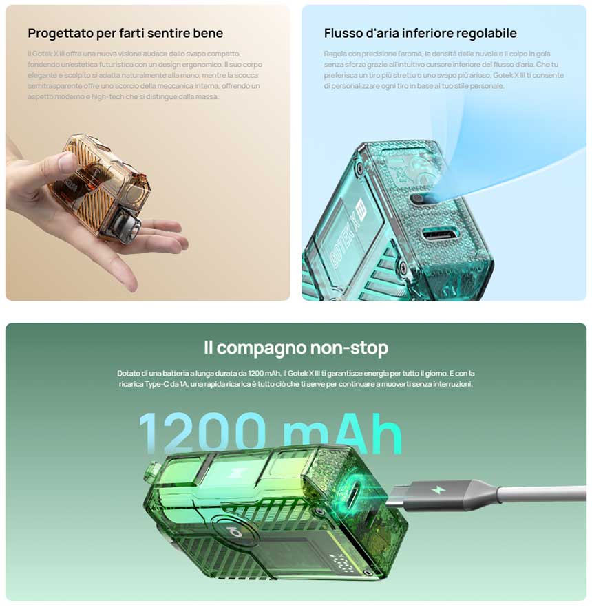 Gotek X 3 Aspire Pod Kit 1200mAh caratteristiche