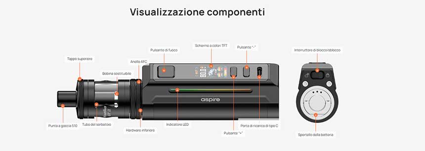 Zelos X80 Aspire Kit 18650 80W componenti
