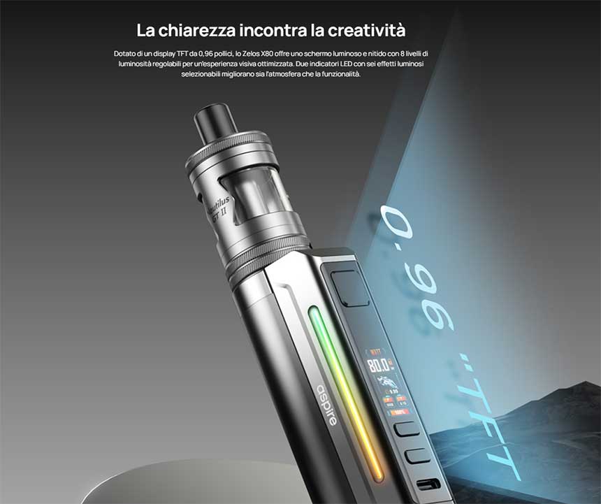 Zelos X80 Aspire Kit 18650 80W display