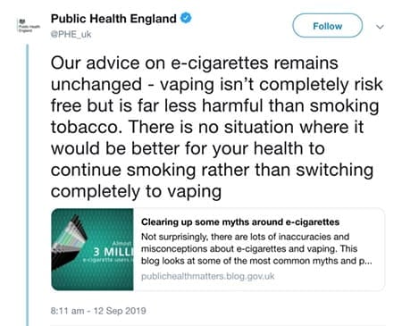 Tweet del Public Health England sulla ecig del 12 settembre 2019