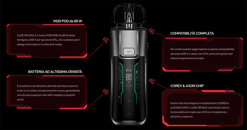Luxe XR MAX Vaporesso sigaretta elettronica con diverse caratteristiche
