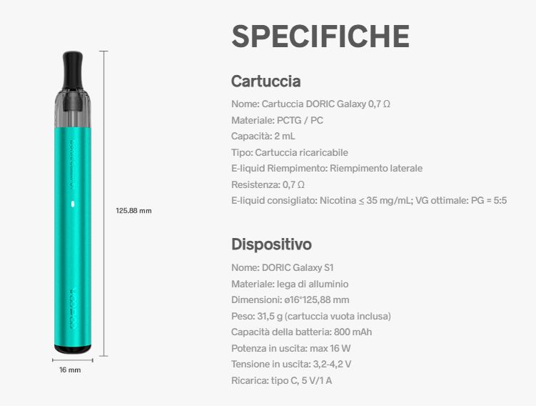 Doric Galaxy S1 Voopoo Pod Mod Kit 800mAh Specifiche Tecniche