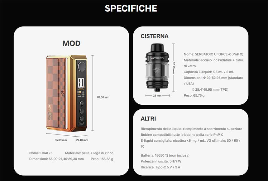 Voopoo Drag 5 Kit specifiche