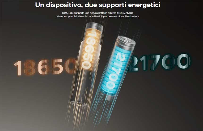 Drag X3 Voopoo Pod Kit 18650 / 21700 80W batterie compatibili