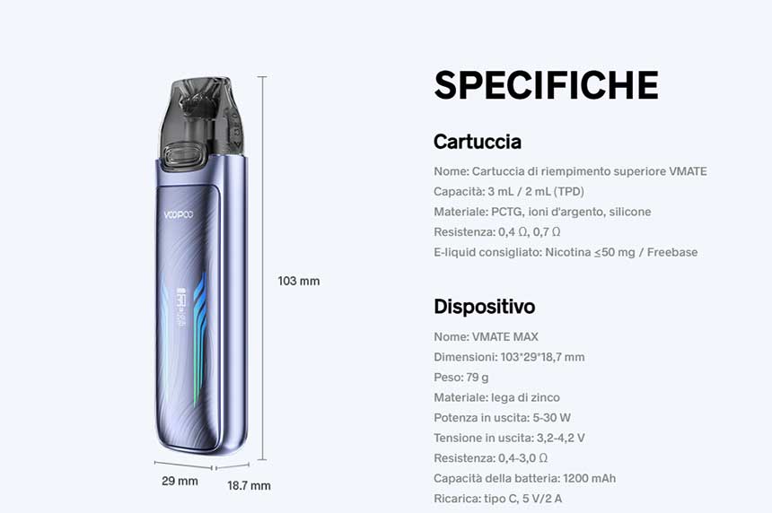 Vmate MAX Voopoo Pod Mod Kit specifiche tecniche